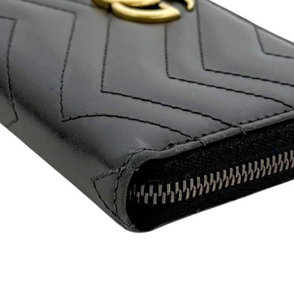 Gucci Round Zipper Long Wallet Black GG Marmont Leather Gold Stitch - Picture 8 of 9
